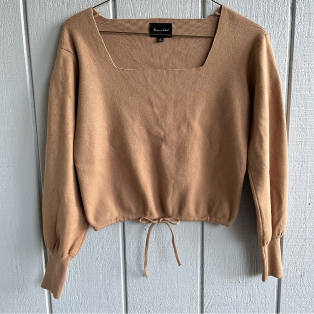 Line & Dot Square Neck Balloon Sleeve Knit Sweater Tie‎ Hem Tan Camel S